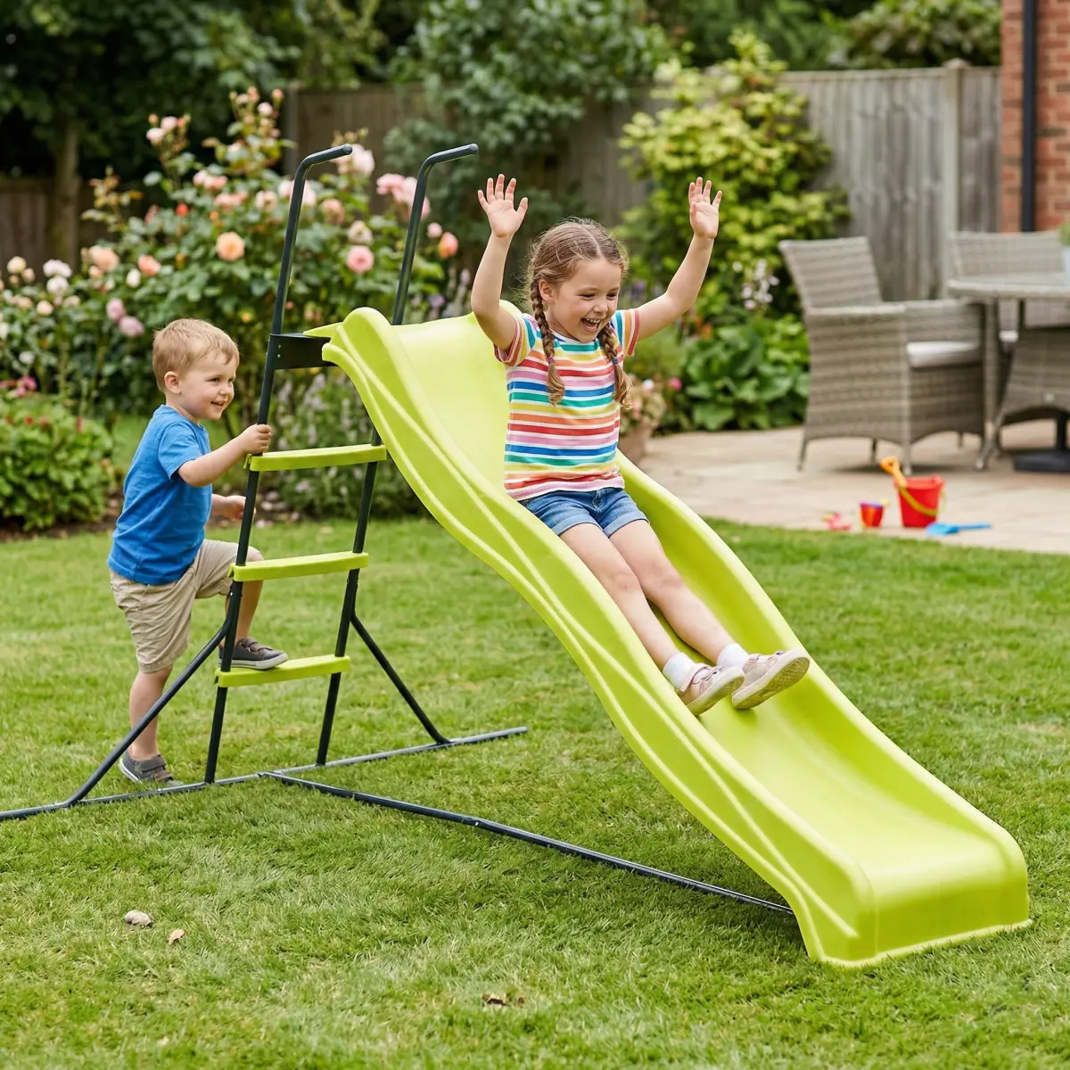 Non-Inflatable Kids Plastic Slide ( XSL003G) - 2.2m Durable Freestanding Outdoor Play Equipment, Green Indoor Children’s Playground Furniture
