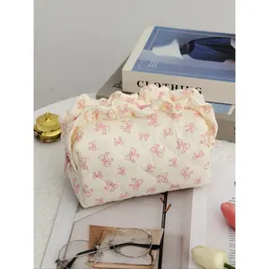 All Over Bow Pattern Makeup Bag, Large Capacity Makeup Brushes Storage Bag, Zipper Makeup Organizer Pouch, Versatile Storage Bag for Travel & Daily