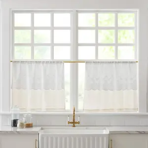 Lush Decor Brigitte Embroidery Eyelet Scalloped Edge Kitchen Tiers Pair 29x24 Cotton Valance Linen Blend Cafe Curtains Country Cottage Style