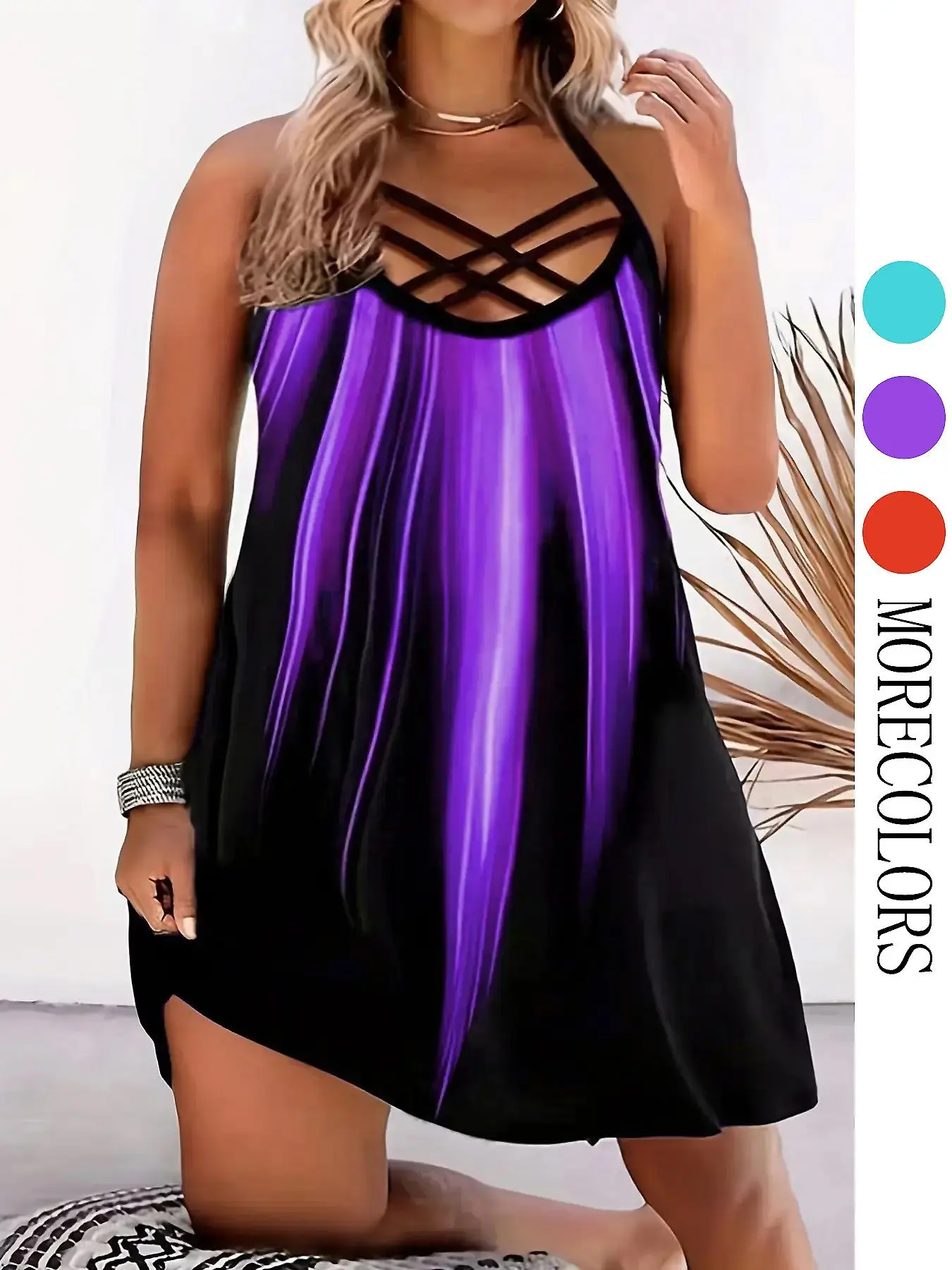 Plus Size Colorblock Criss Cross Cut Out Cami Dress, Elegant Sleeveless Dress, Casual Spaghetti Strap Short Dress for Summer, Women's Plus Clothing for Daily Wear, Criss Cross Dresses