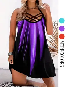 Plus Size Colorblock Criss Cross Cut Out Cami Dress, Elegant Sleeveless Dress, Casual Sleeveless Spaghetti Strap Short Dress for Summer, Women's Plus Clothing for Daily Wear