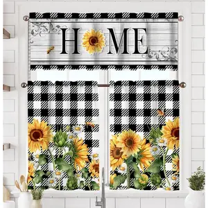 Sunflower Kitchen Curtains Short and Valance Set Black and White Buffalo Plaid Floral Dining Room Fabric Curtain Drapes Spring Summer Flowers Home Decor