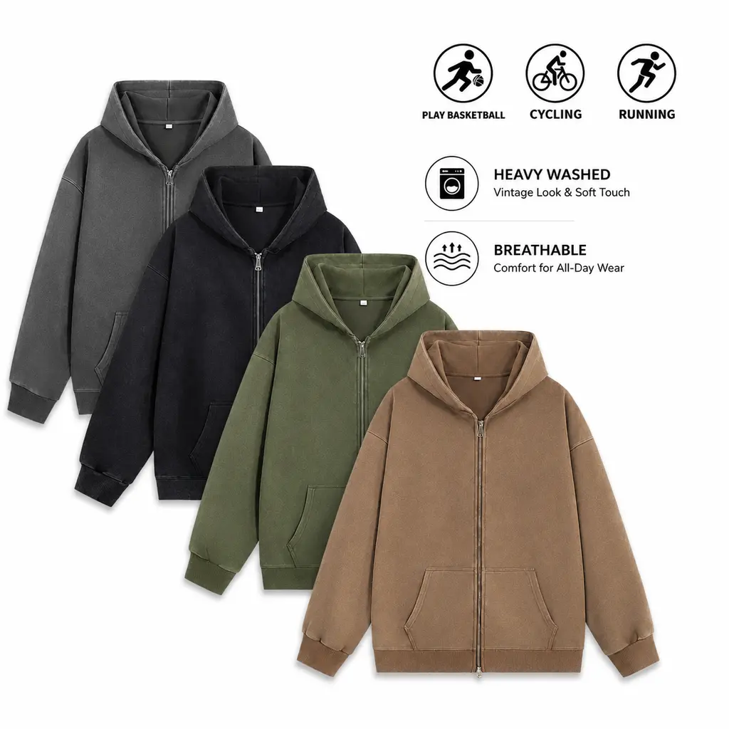 Vintage Acid Washed Black Zip Up Hoodie Men Oversized Long‑sleeve Hooded Jacket Kangaroo Pocket Casual Streetwear Sweatshirt