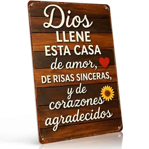 Dios LLene Esta Casa De Amor, Risas, Corazones Agradecidos 8x12 Inch Aluminum Metal Sign - Spanish Blessing Wall Decor for Kitchen, Living Room, Entryway - Retro Tin Sign Gift for Spanish Speaking Families