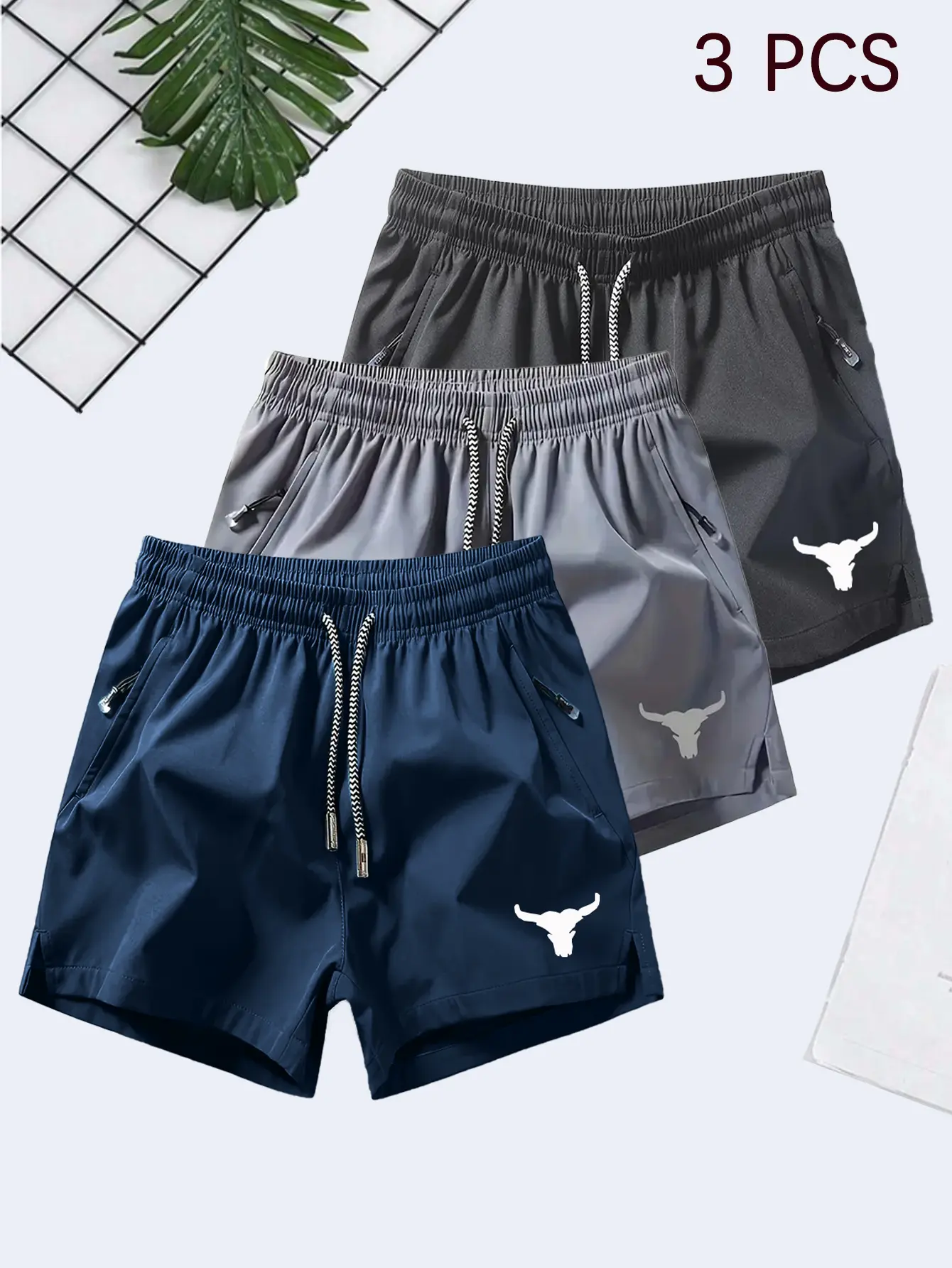 Men's 3 Pack 4 Inch Knee Above Bull Print Active Athletic Shorts, Lightweight Quick Drying Breathable Polyester Athleisure Clothes for Training, Running