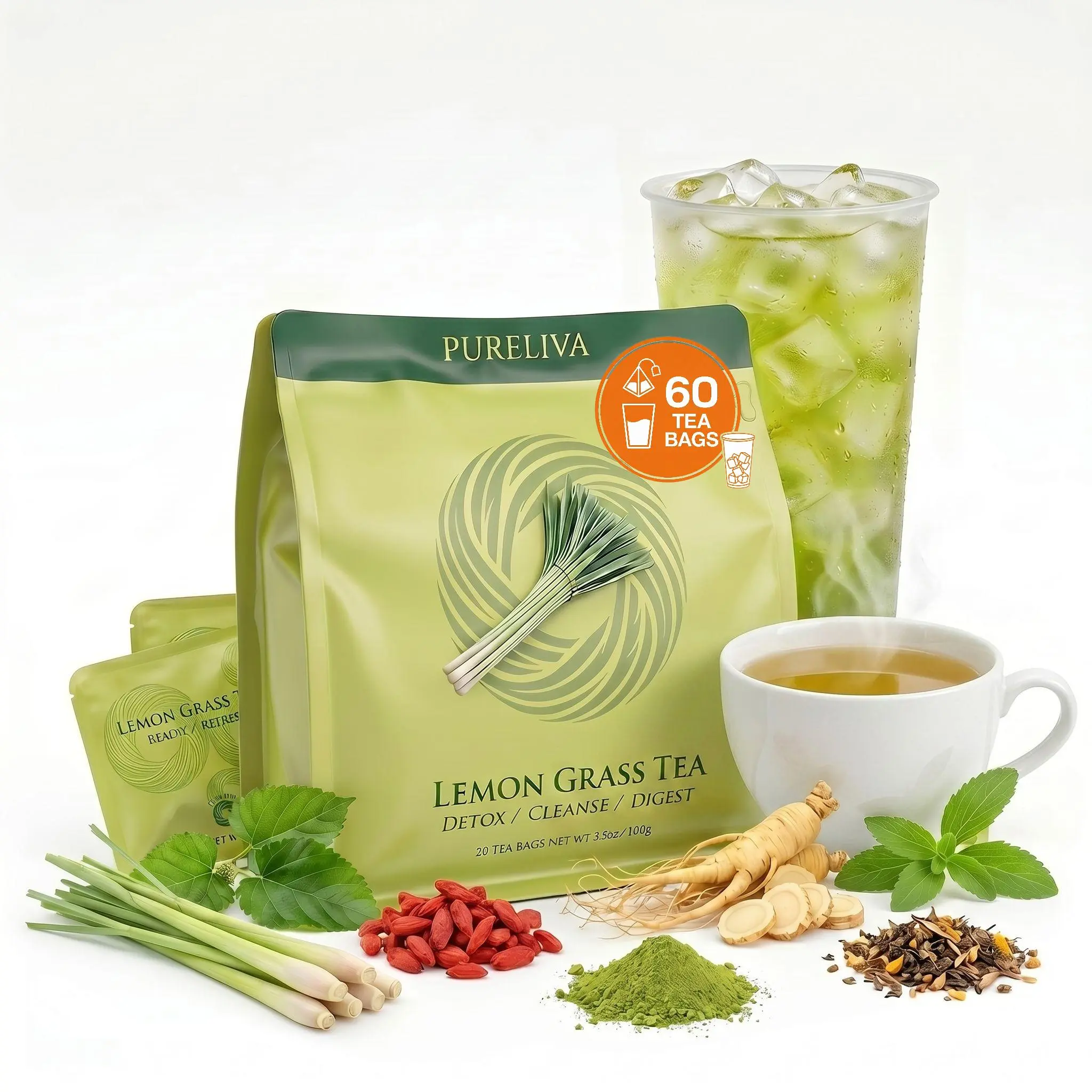 PURELIVA Certified Organic Sugar-Free Lemongrass Mix Tea Bags - Caffeine-Free, Detox Gut Cleanse, Single-Serve (20/60 Servings) Herbal Tea with Matcha, Stevia, Dandelion for Digestion Support, Stomach Soothing Afternoon Boost
