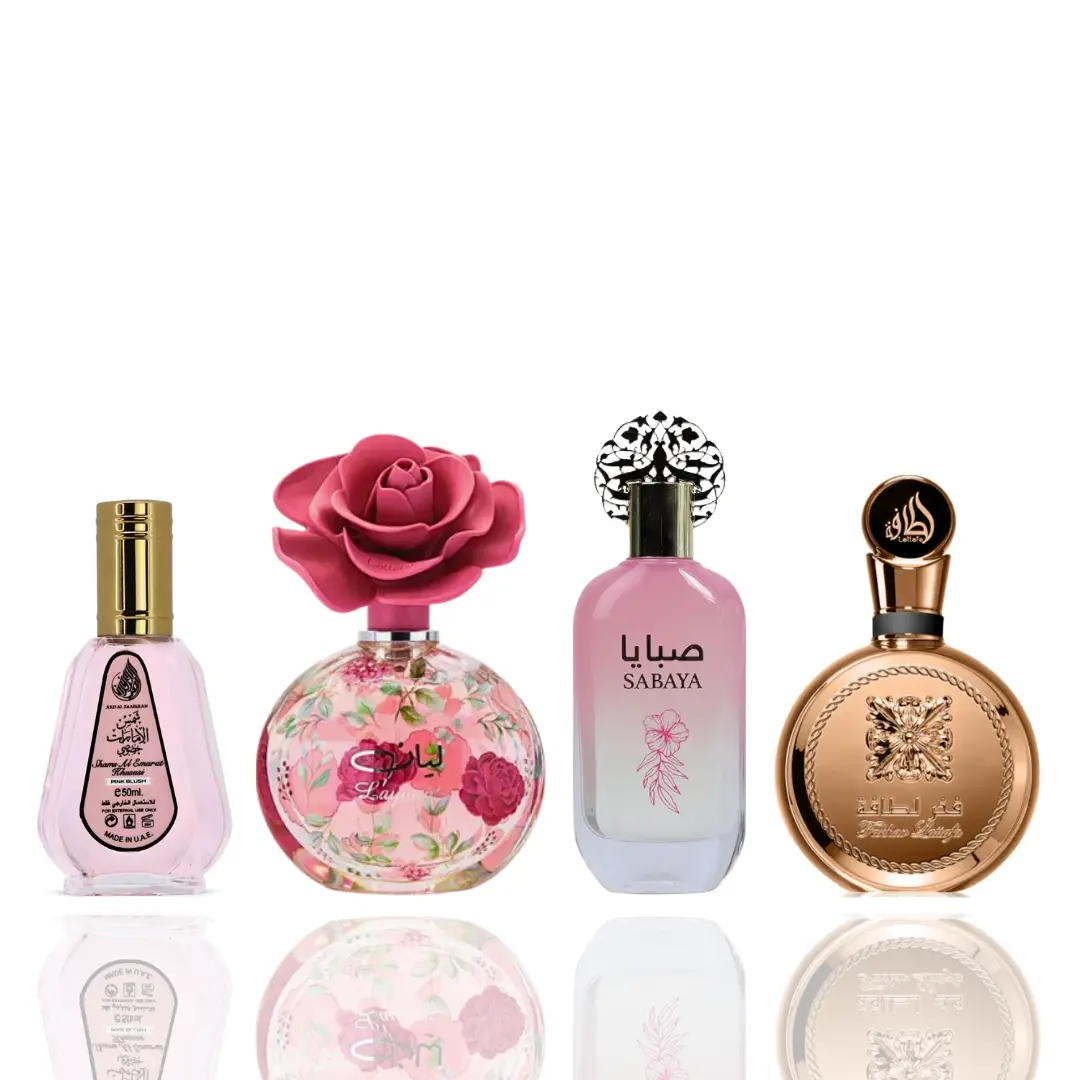 Lattafa Unisex 4-Piece Cube Minis Packaged Purse-Sized Fragrance Bundle - 4 Scents (Fakhar Extrait, Pink Blush Shams Al Emarat 50ml, Layaan, Sabaya) with Grapefruit Top, Amber-Leather, Citrus-Spicy Notes, Cube Unisex Fragrance, Minis Unisex Fragrance