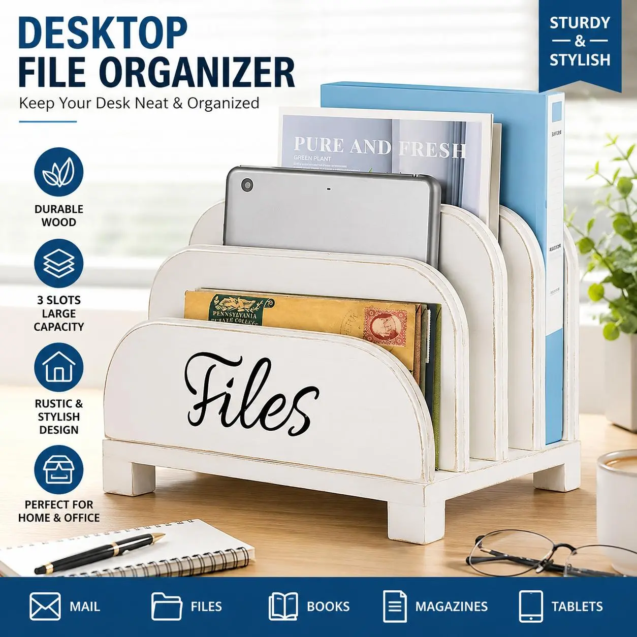 Wood Desktop File Organizer with 3 Compartments, Mail Holder, Magazine Rack, Letter Sorter for Home Office Desk Organization