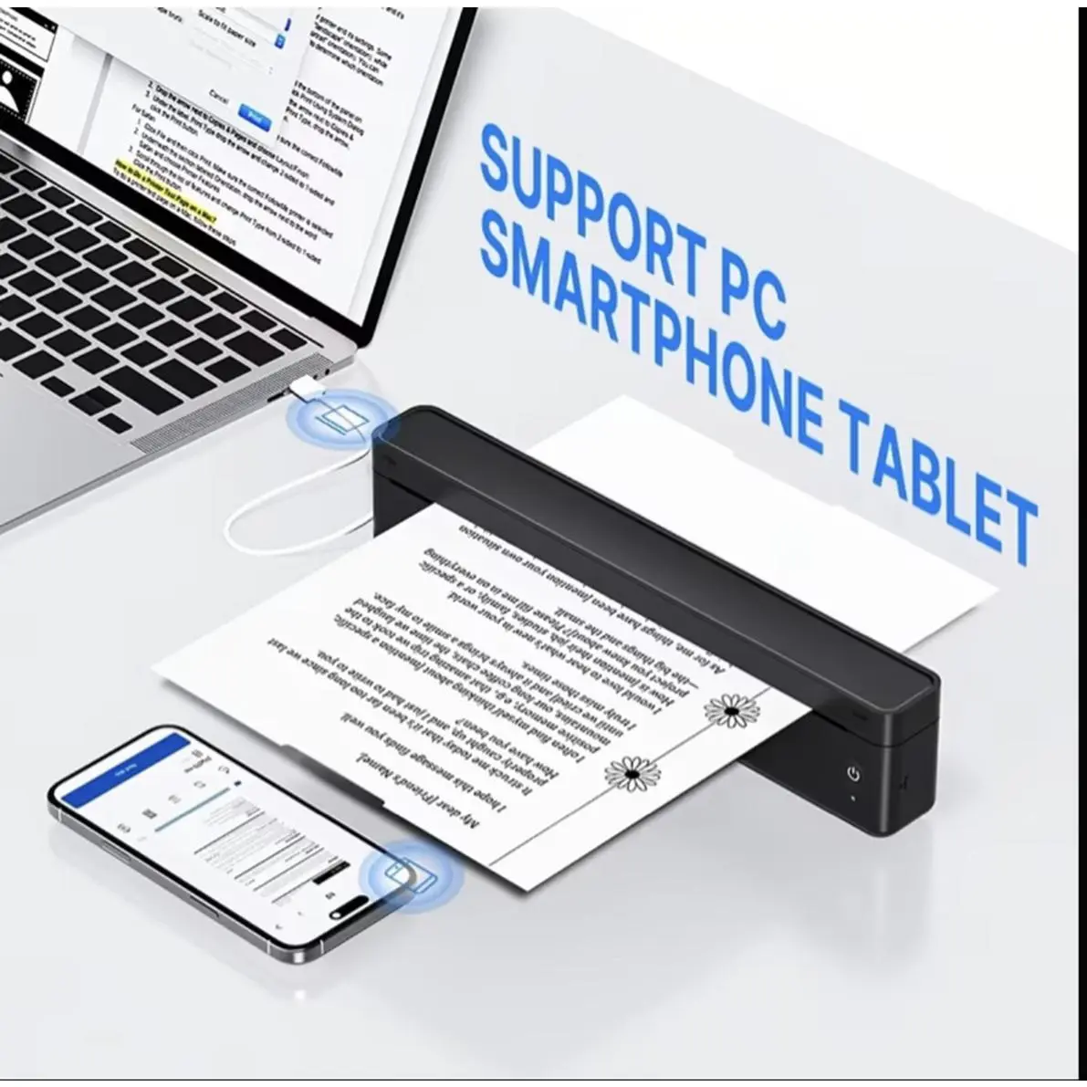 Portable Inkless Printer for PC, Smartphone, and Tablet - White or Black