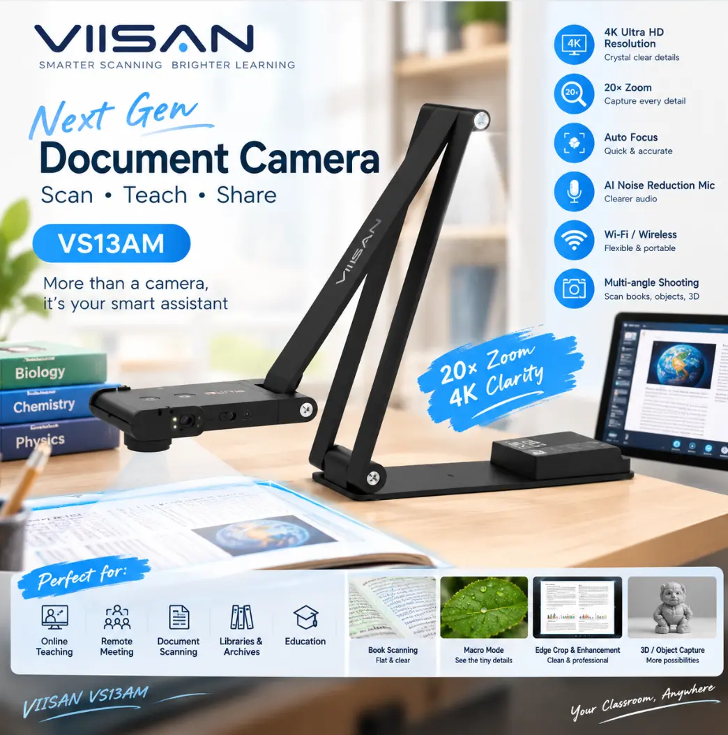 New VIISAN VS13AM 13MP Sensor Portable USB Document Camera Scanner - Office Overhead Camera with AI-Powered Noise Reduction Chip, 20X Macro Lens, AI Microphone, Auto Image Rotation, PC-Compatible