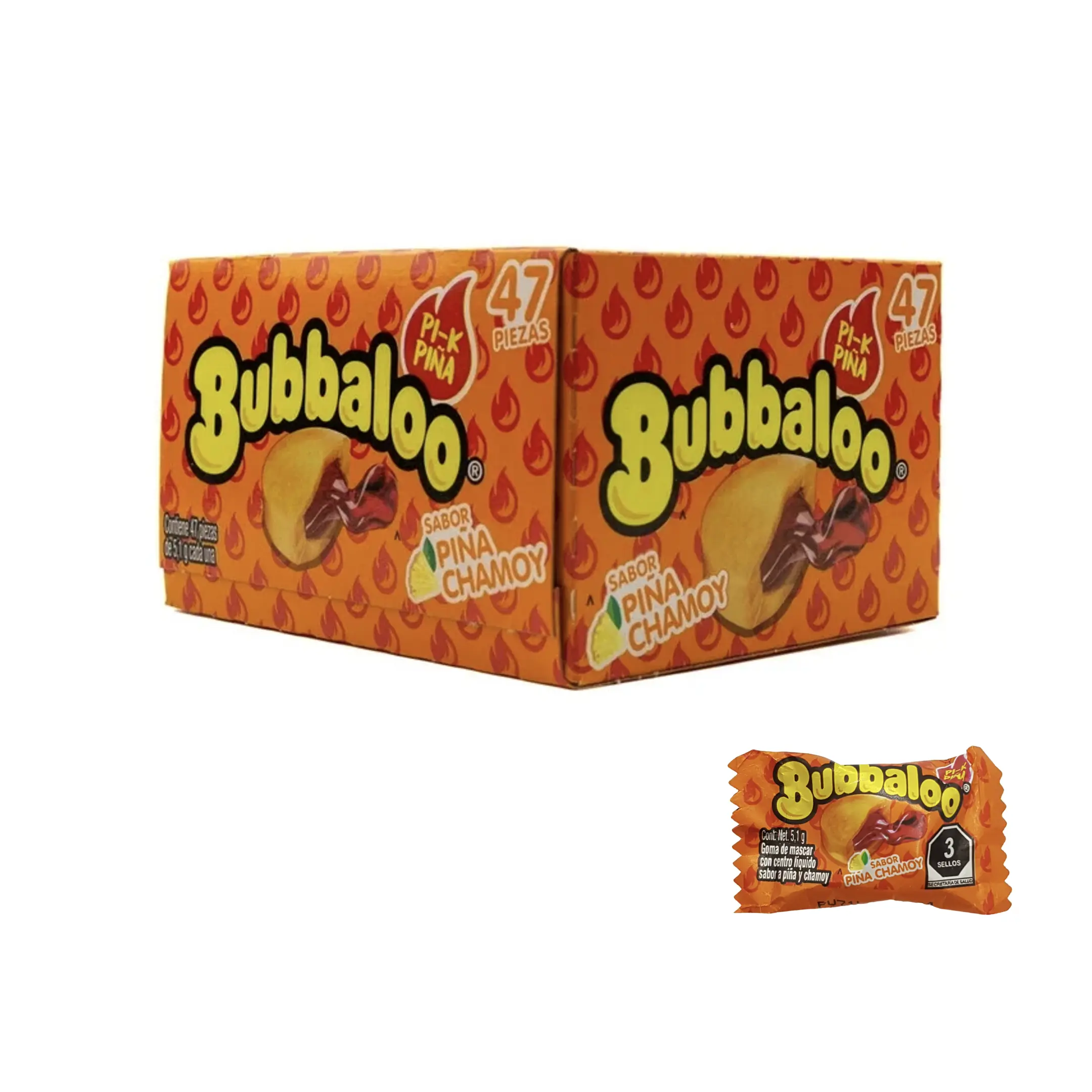 Bubbaloo Pinapple Pi-K Pina Chamoy Flavor Liquid Filled Bubble Gum 47 Pieces