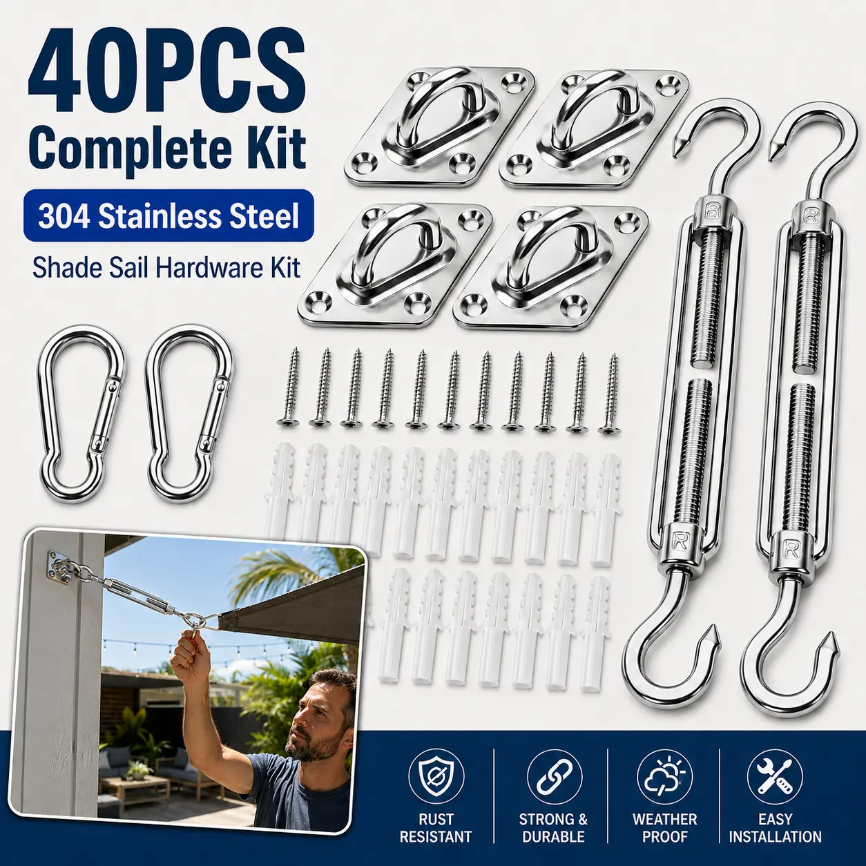 40PCS 304 Stainless Steel Shade Sail Hardware Kit - Turnbuckles, Snap Hooks, Pad Eyes, Screws & Anchors for Patio, Garden Sun Shade Canopy Installation Toolset