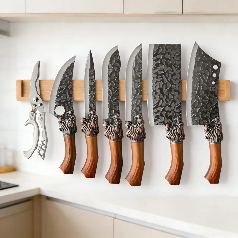 7-piece/3-piece set of hand forged kitchen knives, professional kitchen knife set, stainless steel knives, fish knives, butcher knives, kitchen scissors, ultra sharp bone scissors, boneless duck and fish scissors, perfect for holiday gifts