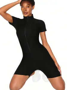 Women Full Body Sauna Sweat Jumpsuit, Waist Trainer Tummy Control, Fitness Workout Sweat Suit, Short Sleeve Above the Knee, Sporty Jumpsuit