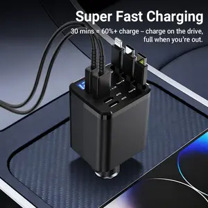7-in-1 Super Fast Car Charger with 3 Retractable Cables Fast Charging Ports ,Adjustable 180° Direction,LED Display,Voltage Monitoring Compact,Easy to Use,PD2.0,QC3.0