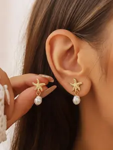 Starfish Imitation Pearl Earrings, Starfish Design Studs, Fashion Jewelry Gift, Unique Beach Accessory for Women & Girls, Trendy Jewelry