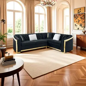 106 Inches L-Shaped Chesterfield Sectional Sofa Set with Gold Stainless Steel Accents, Velvet Button Tufted L-Sofa with 5 Pillows Luxury Couch for Living Room furniture , Black family Corner sofa