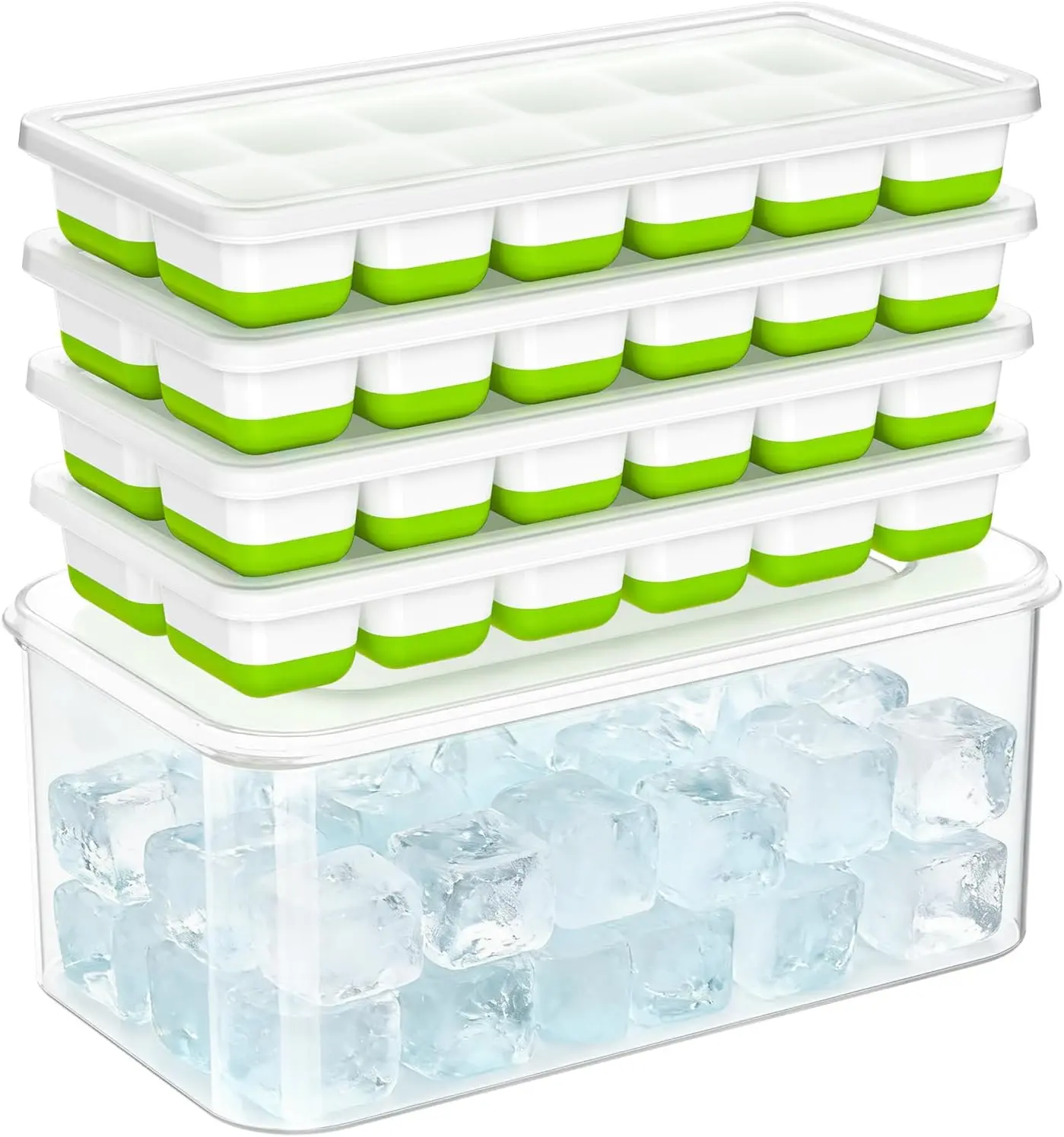 Silicone Ice Cube Tray Set with Lid & Bin - 4-Pack 48-Cube Freezer Organization Solution, Leak-Proof, Easy Release, Lift-Tab Handling, Stackable, Top-Rack Safe, Quick Rinse, Flexible Bottom for Kitchen, RV Use