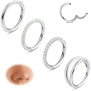 Jstyle 18G 16G Surgical Steel Nose Rings Hoops for Women Opal CZ Septum Rings Clicker Hinged Segment Nose Ring Lip Helix Cartilage Conch Daith Rook Nose Body Piercing Jewelry 8mm 10mm