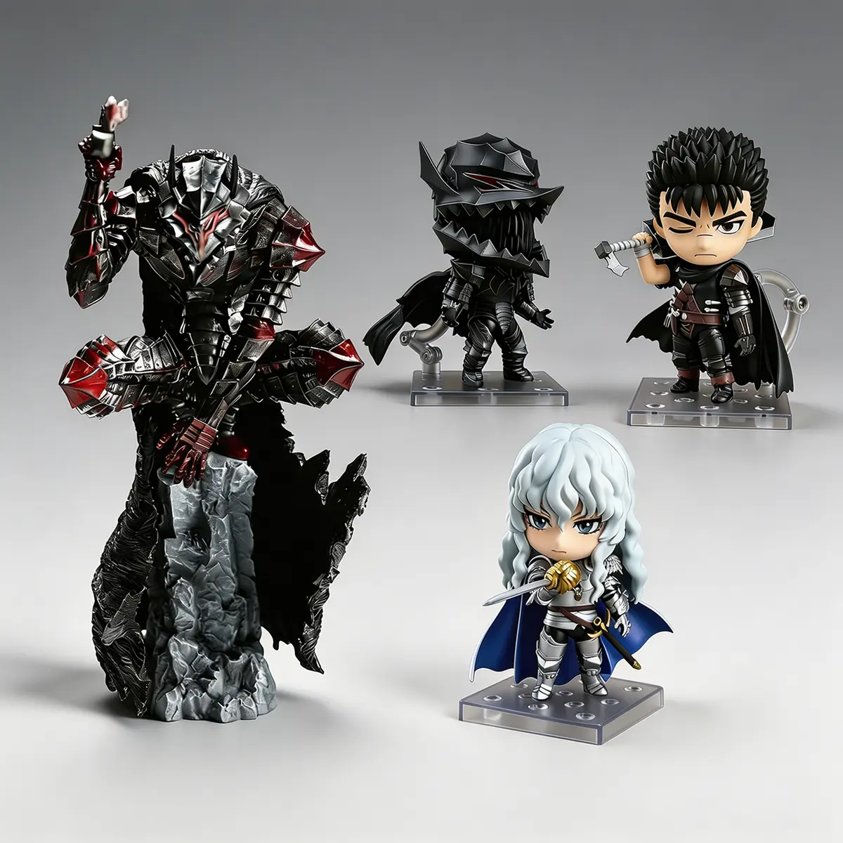 Berserk Anime Figure Collection, 4 Styles Guts Griffith Berserker Armor Figurines Sold Separately, 10cm Chibi Swap Face Dolls & 25cm Large Battle Statue, PVC Collectible Desk Display Model Toy Gift for Berserk Manga Fans