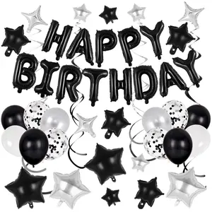 52 Pcs Black & Silver Birthday Decorations Kit, 14in “HAPPY BIRTHDAY” Letter Balloons, 18in Star Foil Balloons, 12in Latex Balloons + Confetti, 6pcs Hanging Swirls Party Supplies