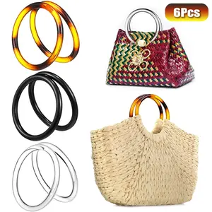 6 Pack Round Handbag Handles for DIY Crochet Bags, Replacement Set for Summer Beach Straw Bags, Handcrafted Craft Supplies, Handbag Shoulder Purse