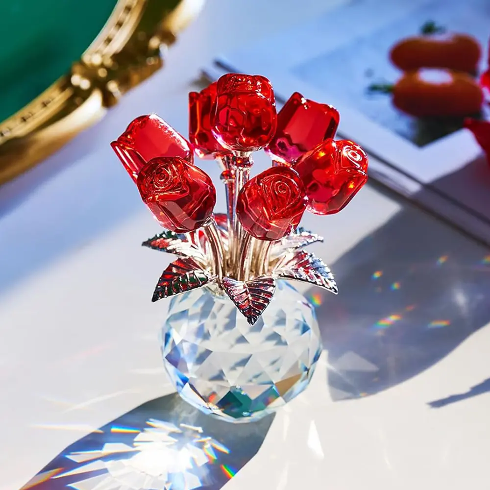 Crystal Colorful Rose Bouquet Figurine - Little Glass Rose Flower Statue Desk Decorative Ornament for Office & Home Decor - Romantic Birthday, Valentine's Day, Wedding Anniversary & Mother's Day Gift Idea for Her, Mom, Wife & Girlfriend