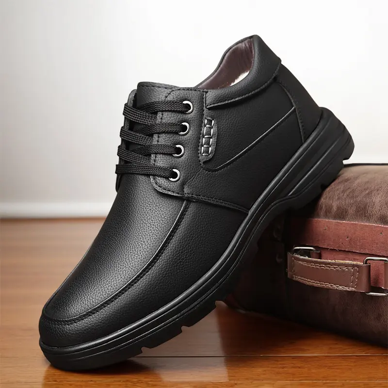 Senior men's genuine leather cowhide boots - Comfortable and warm wool-lined winter snow shoes, outdoor fashionable casual hiking shoes, solid color lace-up closure, round toe, non-slip rubber sole 51908