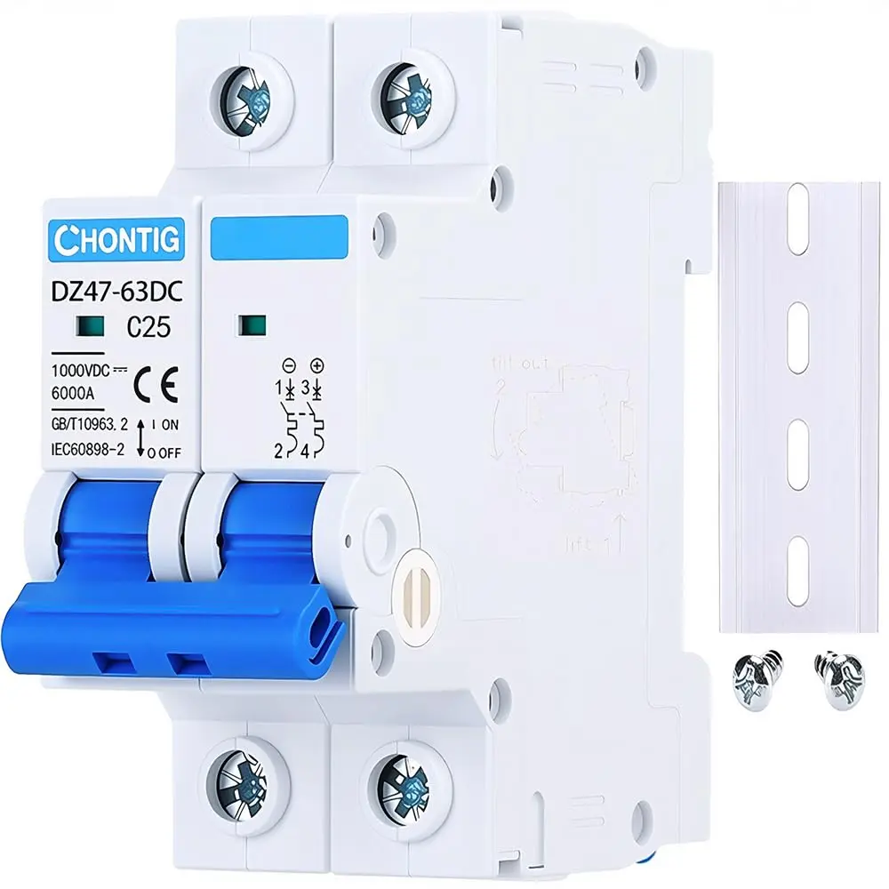 25 Amp Miniature DC Circuit Breaker 1000V 2 Pole, Solar PV Disconnect Switch with Thermal Magnetic Trip, DIN Rail Mount Isolator C25