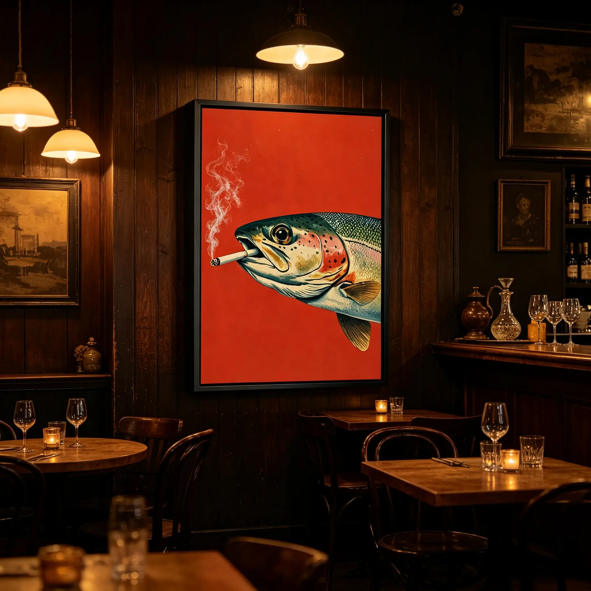 Surreal Smoking Fish Canvas Wall Art - Artistic, Lightweight, Waterproof Canvas Poster with Bright Red Background, Funny Retro Weird Animal Decoration for Bar, Man Cave, Ideal Gift for Home Decor Enthusiasts