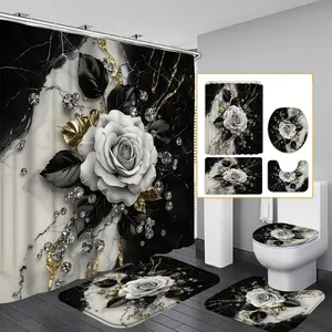 1PC/4PCS 2D Flat Black and Gray Rose Pattern Shower Curtain, Modern Home Bathroom Decor, Bathroom Decoration Accessories, Shower Curtain Set with 12 Hooks, Bathroom Non-Slip Mat, Toilet Seat Cover