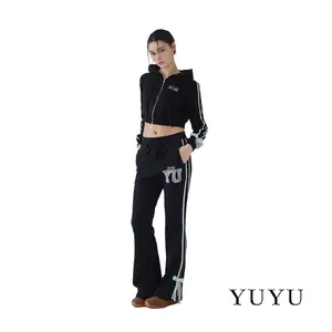 YUYU Limited Time Clearance Y2K Lace Bow Tracksuit, Cropped Zip Hoodie & Flare Pants Set, Soft Stretchy Waist Cinching Hot Girl Outfit