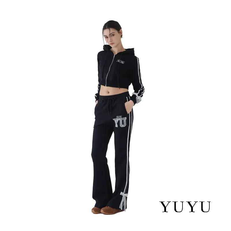 YUYU Limited Time Clearance Y2K Lace Bow Tracksuit, Cropped Zip Hoodie & Flare Pants Set, Soft Stretchy Waist Cinching Hot Girl Outfit