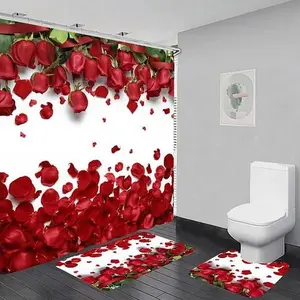 Red Roses Print Bathroom Decor Set, 1 Set Including Shower Curtain, Toilet U-Shaped Mat & Rectangular Mat, Bathroom Accessories