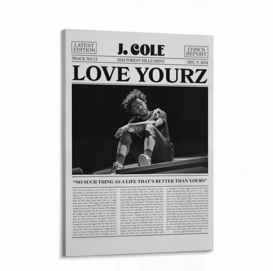 J. Cole Retro Newspaper Print Poster - Love Yourz Album Cover, Lyric Art, Cool Room Decor, Pop Culture Home Wall Art Supplies