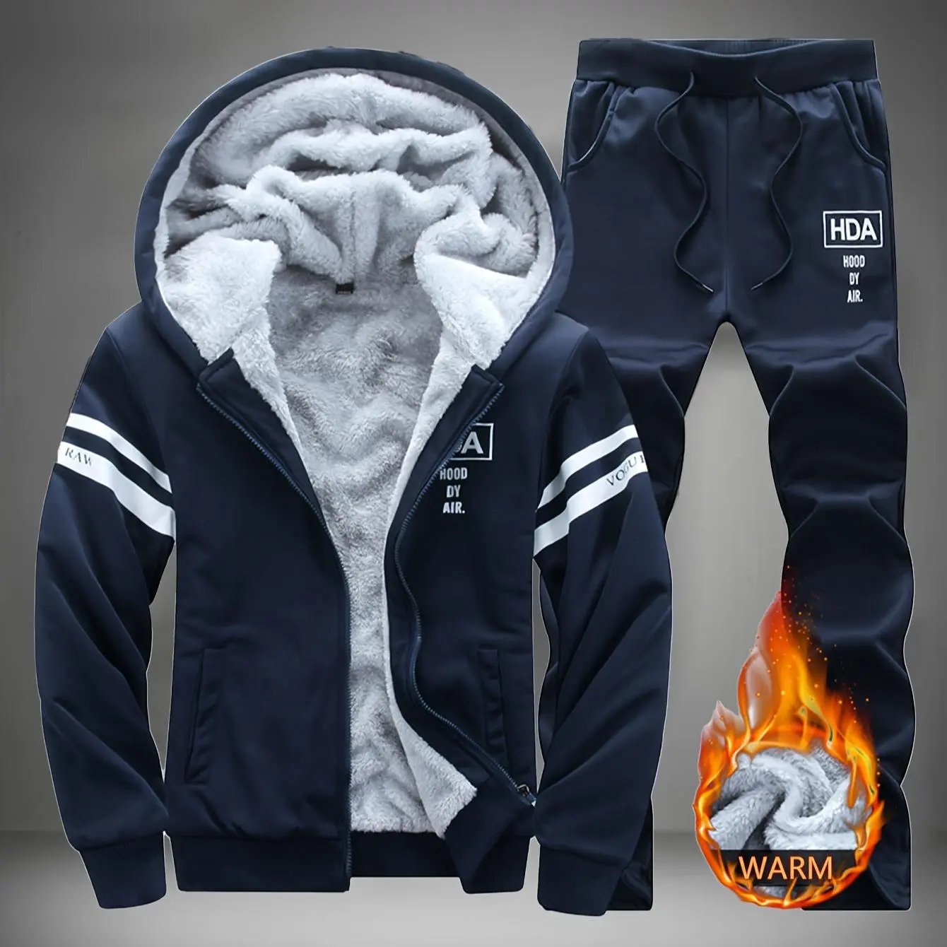 Men's 2 Piece Sets, Thick Warm Solid Sweatsuit with Hooded Long Sleeve Top for Winter Streetwear and Outdoor Wear, Solid Tracksuit, Long Sleeve Tops, Sportswear For Gym, Matching Tracksuit, Casual Sporty Set, Polyester, Two-Pieces