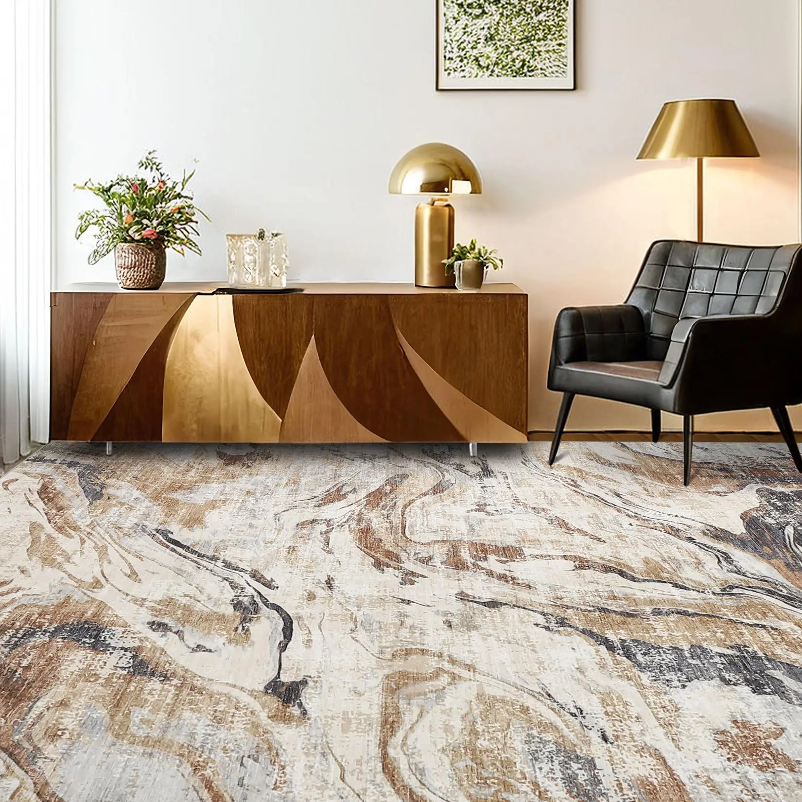 【Restock Sale】GARVEE Machine Washable Area Rugs: Modern Abstract Design, Non-Slip, Low Pile, Soft Faux Wool, Foldable, Available in Sizes 2x6 to 10x13 & Colors Brown, Gray, Blue; Ideal for Various Rooms & High Traffic Areas