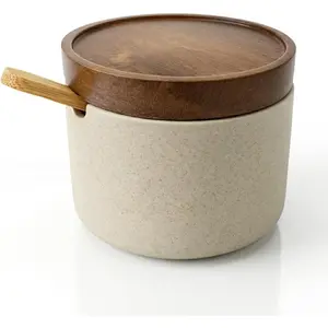 Handmade Ceramic Salt Cellar with Acacia Wood Lid & Spoon 3.5" Wide Mouth Kitchen Jar for Salt Spices Sugar Pepper Modern Countertop Storage Container Keeps Seasonings Dry Elegant Home Decor