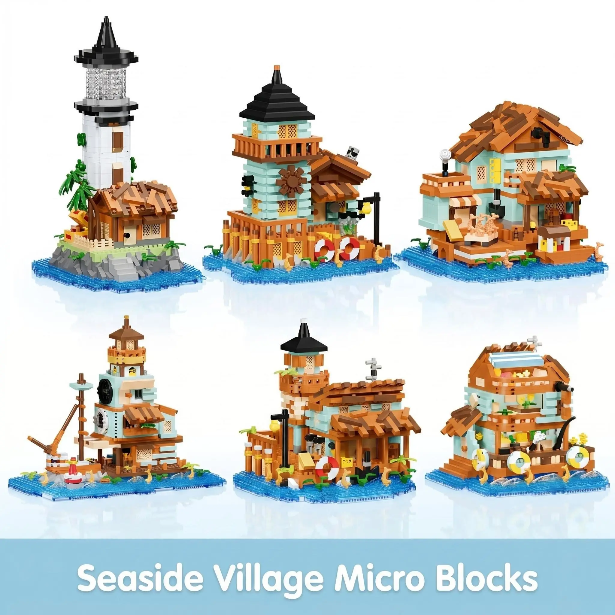 Beach Village Lighthouse Blocks, Creative Building Blocks, Mini Wooden House Series, DIY Street Scene Model, Creative Desk Decor, Stress Relief Toy, Birthday Gift, Creative Building Set