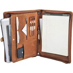 Genuine Leather Zipper Business Portfolio Padfolio Folder for Men, fits 13" laptop and letter-size notepad, ideal graduation gift, brown