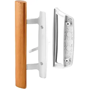 Reversible Sliding Patio Door Handle Set with Oak Wood Interior Handle Exterior Pull White Diecast Finish Fits 3-15/16” Screw Hole Spacing Non-keyed with Latch Locks (White)