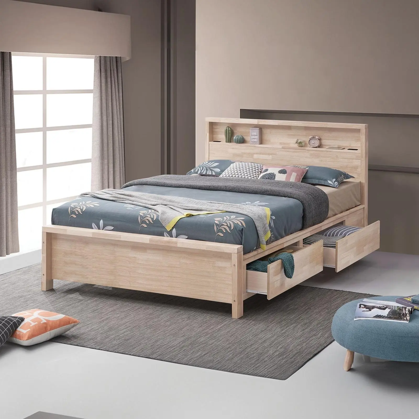 Grange Transitional Platform Bed with Bookshelf Headboard, Integrated USB Ports, Built-in Storage Drawers