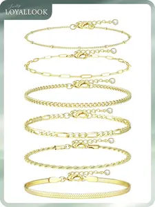 LOYALLOOK Ankle Bracelets for Women Waterproof - 14K Gold Plated Non Tarnish Layered Cuban Link Chain Rope Figaro Herringbone Anklets Set Plus Size Anklet Summer Foot Jewelry Gift Adjustable 8-12 Inch