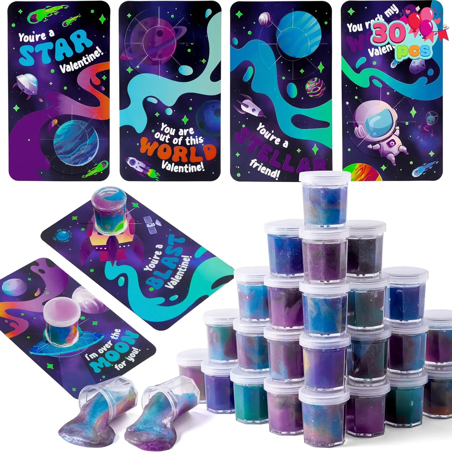 30 PCS Non-Toxic BPA-Free Valentine's Day Gift Cards with 3.5*6 in Galaxy Slime Stress Relief Fidget Toy - 6 Unique Designs, Love Notes, High Quality Material, Kids School Classroom Prizes, Gift Exchange