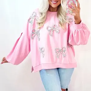 Pink Embroidered Bow Lantern Sleeve Oversized Pullover Women Sweatshirt for Valentine's Day