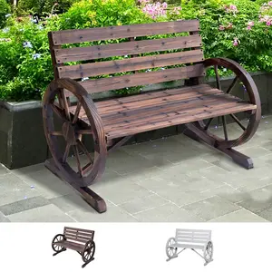 Outsunny 2-Person Wooden Garden Bench, Outdoor Wagon Wheel Porch Bench for Backyard Garden, Rustic Country Style Patio Furniture