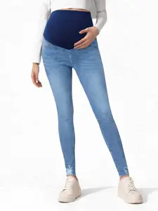 Light Blue Pregnant Jeans, Maternity Clothing, Pregnancy Clothes, Mid-Waist Elastic Waistband, Loose Fit, Casual Style, All-Season Wear, Slimming Effect, Skinny Leg Pants
