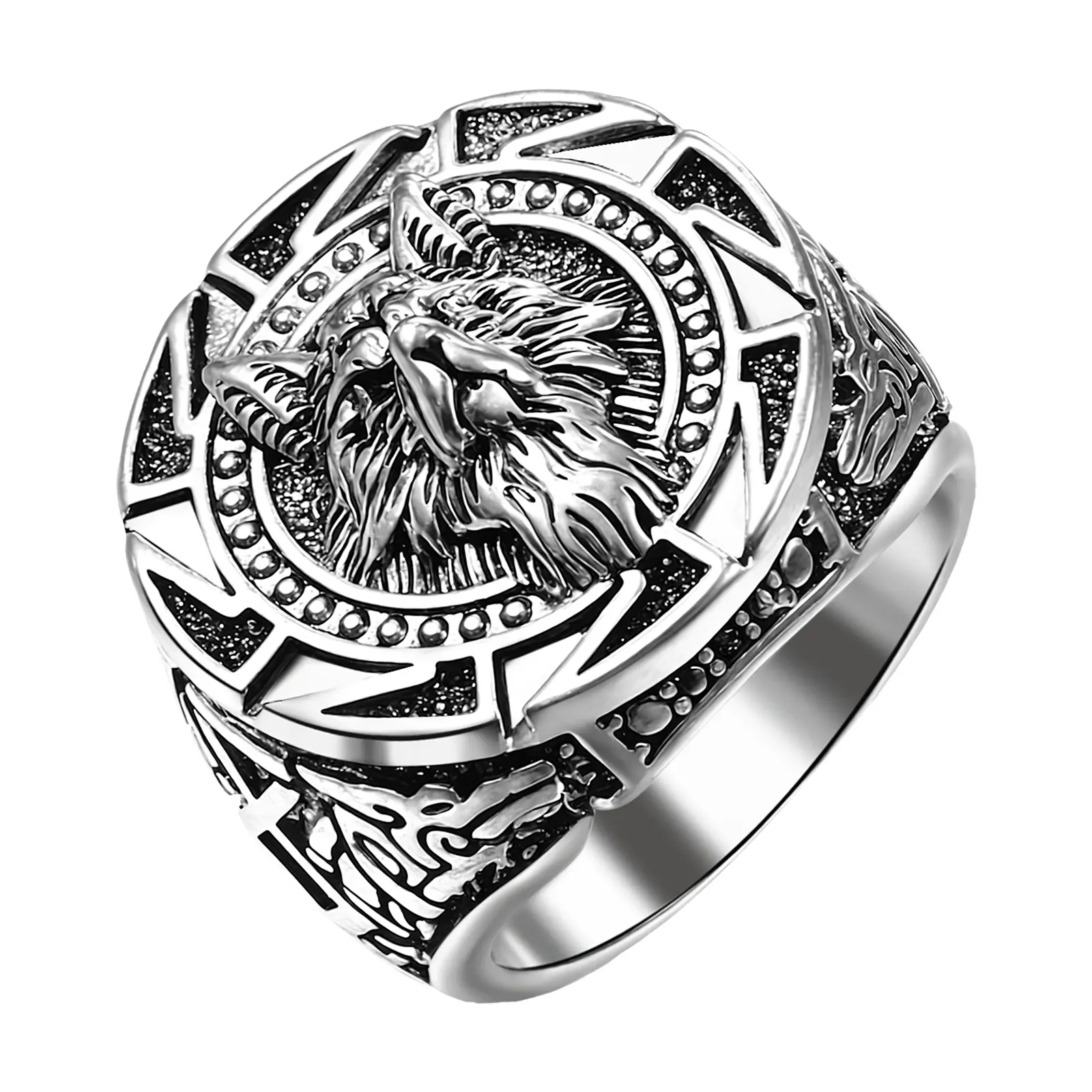 OIDEA Men's Viking Fenrir Wolf Head Ring - Nordic Norse Mythology Rune, Vintage Finish Punk Look Silver Band, Size 7-13 Viking Accessory Costume Jewelry summerwins