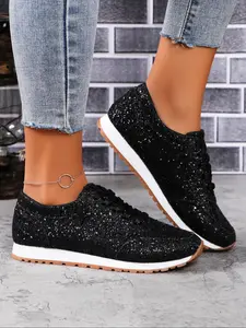 Fashion Glitter Sequins Lace Up Low Top Trainer Sneakers, Casual Comfortable Round Toe Shoes for Daily Wear, Female All-match Shoes for Spring & Fall