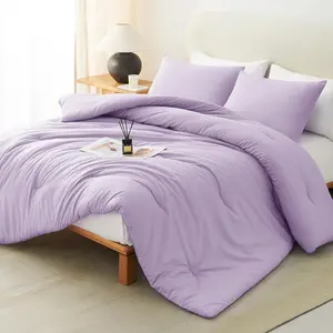 Lavender Queen Comforter, 3 Light Purple Quilted Boho Sets, Fluffy with Down Alternative Comforter and 2 Pillowcases for